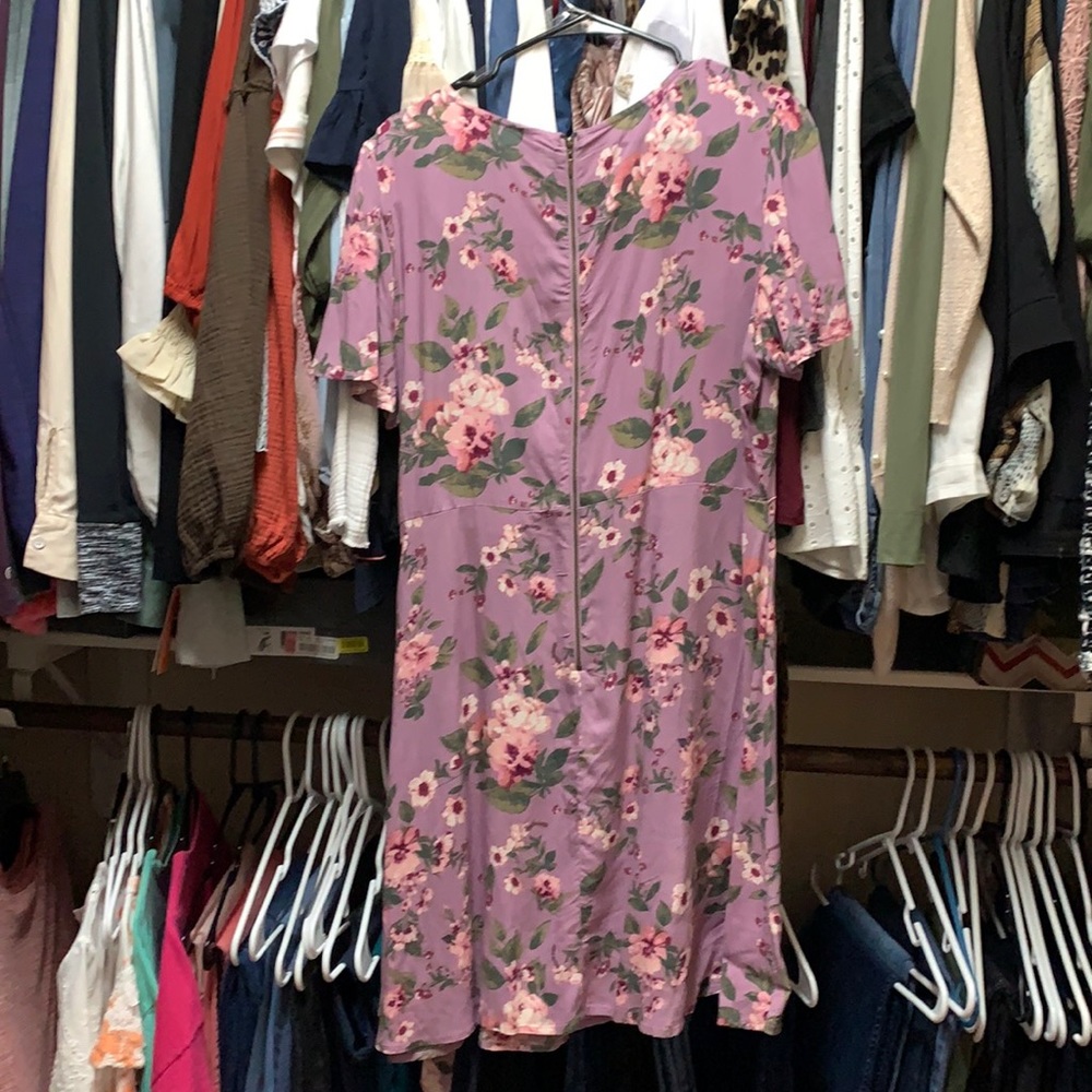 Purple floral wrap dress.